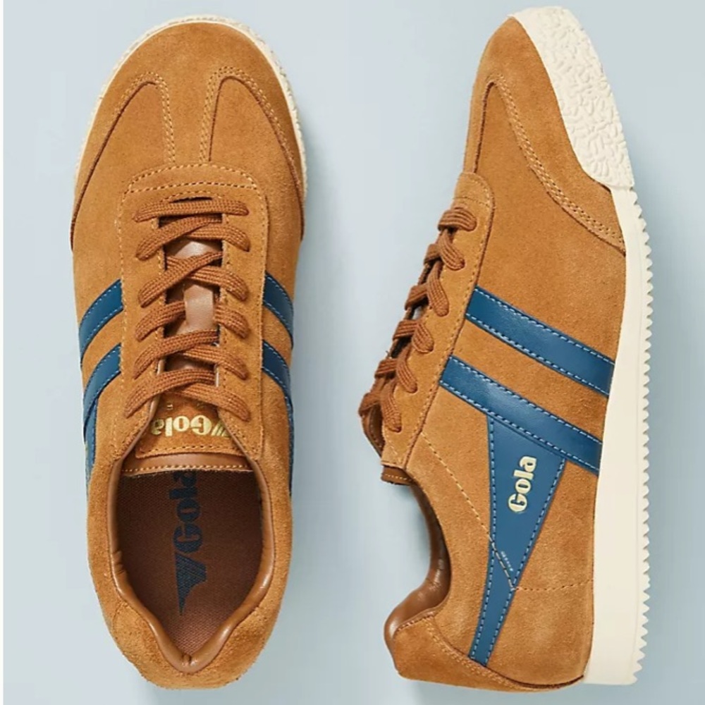 Gola Harrier Suede Striped Sneakers in Caramel/Baltic in size 9 (EUR 40)